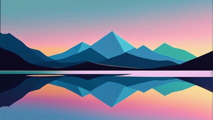 Naklejka premium A serene lake reflecting the pastel hues of a tranquil sunset in a minimalist vector landscape, with distant mountains adding to the tranquility