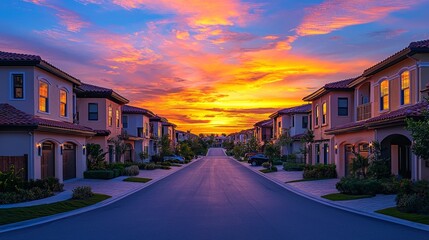 Fototapeta premium Serene Sunset Over a Suburban Neighborhood