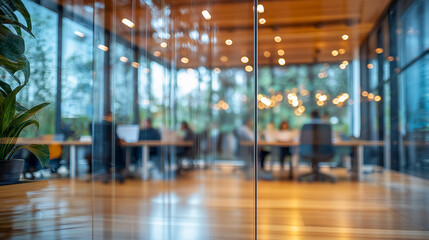 Modern office with people working behind glass wall blurred background.
