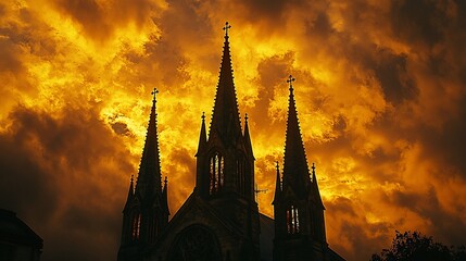 Fototapeta premium Gothic church silhouette against fiery sunset.
