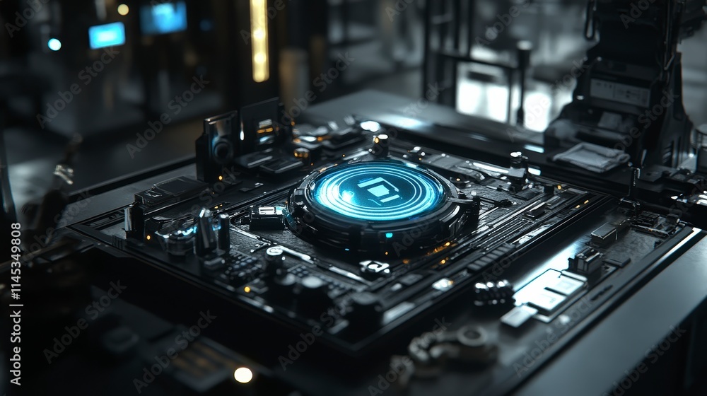 Poster a futuristic close-up of a circuit board with glowing blue accents. the central processing unit emit