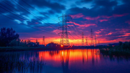 Obraz premium High voltage pole at sunset sky.