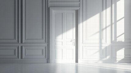 Fototapeta premium a white door open in an empty room with classic wall paneling. Isolated background with copy space