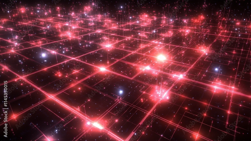Poster a futuristic red grid glows with interconnected nodes and sparkling particles creating a sense of va