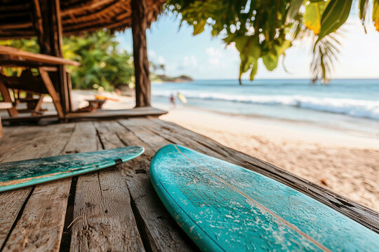 Glistening surfboards rest on a weathered wooden deck, overlooking the sun-kissed beach and rolling waves. A tropical escape for the adventurous soul, where the rhythm of the ocean sets the pace.