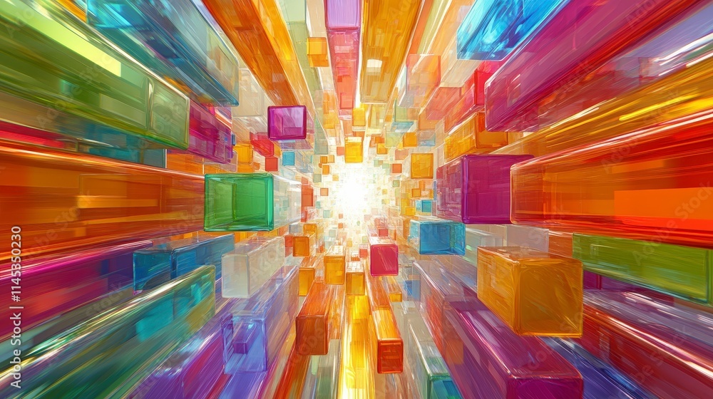 Poster vivid multicolored translucent glass or plastic cubes and rectangular prisms converge towards a brig