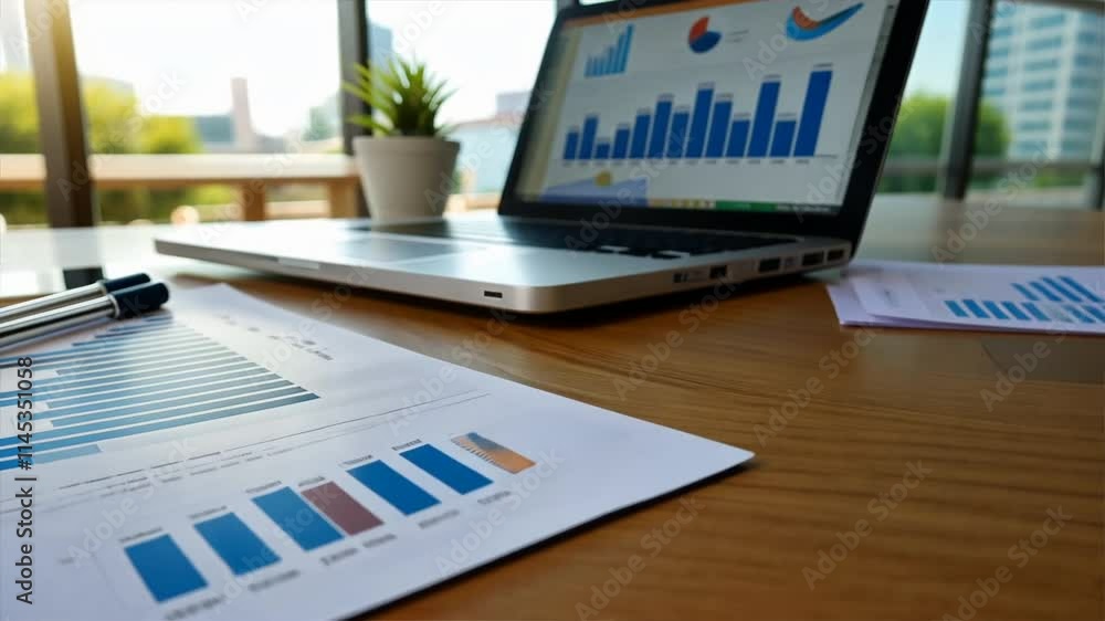 Poster modern office workspace with laptop showcasing data analysis through graphs and charts, complemented