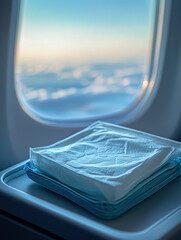 Airplane Cabin Interior, Extended Tray Table with Clear Plastic Wrap, Blue Sky View, Product Placement