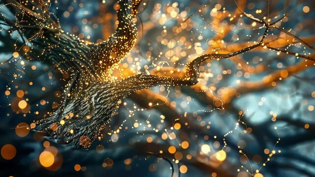 Golden particles flowing through digital tree branches create an intricate big data visualization, set against a blurred background enhanced by a captivating bokeh effect