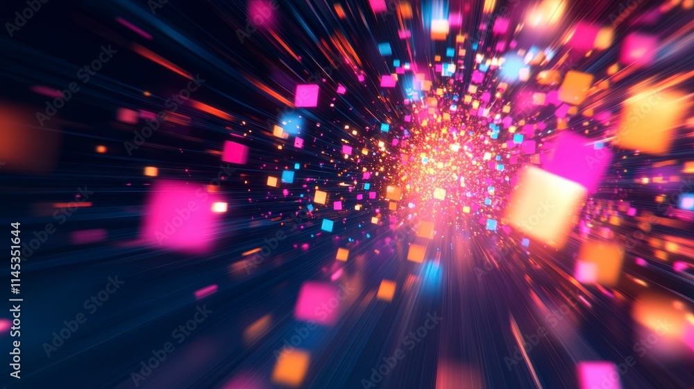 Poster abstract vibrant pink, orange and blue squares exploding outwards from a central bright point agains