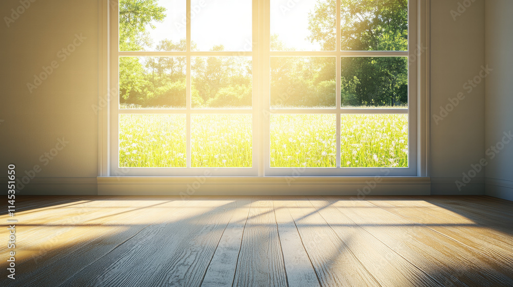 Poster an empty room with a wooden floor and a window looking out onto a grassy field on a sunny day. sunli