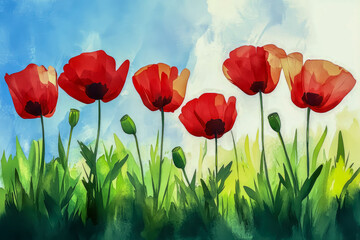 Naklejka premium Watercolor of a group of poppies in a green field on a sunny day