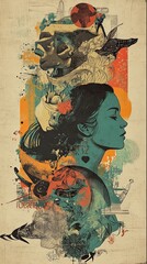Obraz premium Abstract Collage Featuring Woman and Surreal Elements