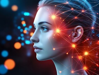 Futuristic Woman with Glowing Brain and Neural Network Connections, Artificial Intelligence Concept in Dark Background