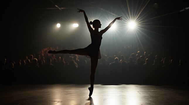 Silhueta de uma bailarina dando um passo de ballet cl&aacute;ssico,  contra a luz de palco.