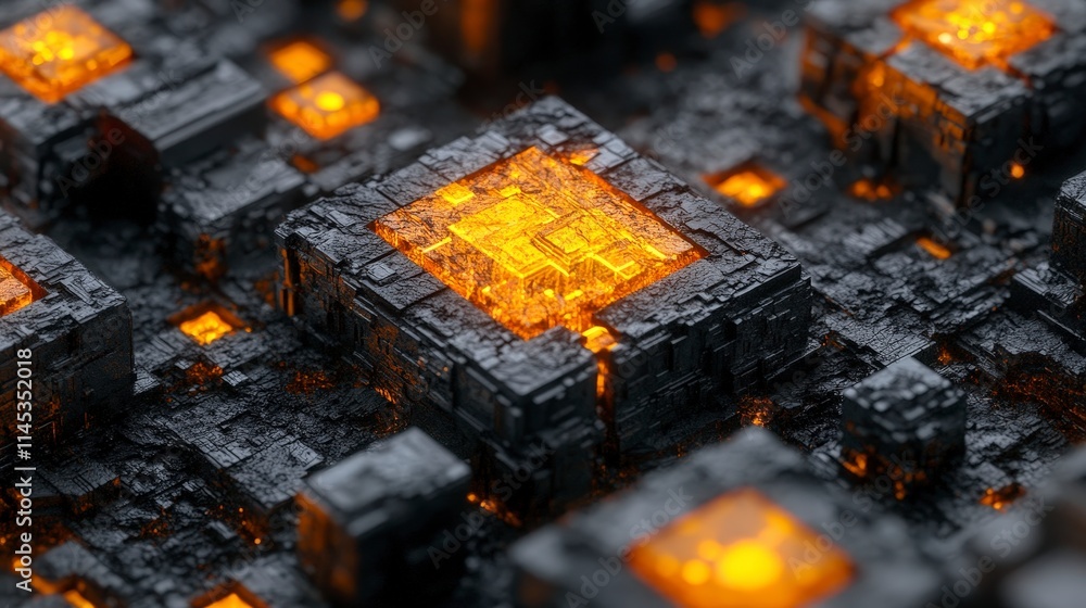 Poster intricate dark textured cubes form a complex interconnected structure. orange glowing squares recess
