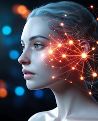 Futuristic Woman with Glowing Brain and Neural Network Connections, Artificial Intelligence Concept in Dark Background