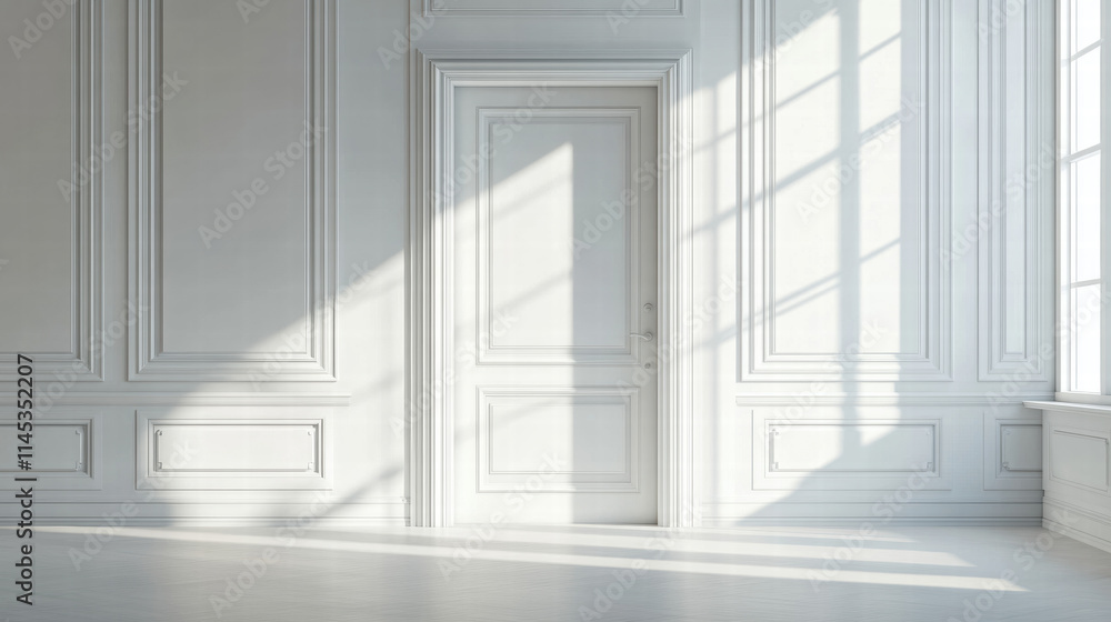 Poster a white door open in an empty room with classic wall paneling. isolated background with copy space