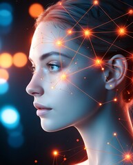 Futuristic Woman with Glowing Brain and Neural Network Connections, Artificial Intelligence Concept in Dark Background