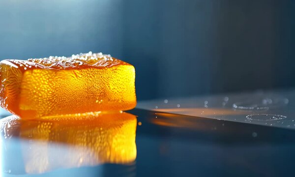 Close-up of amber-colored, translucent gummy candy on reflective surface