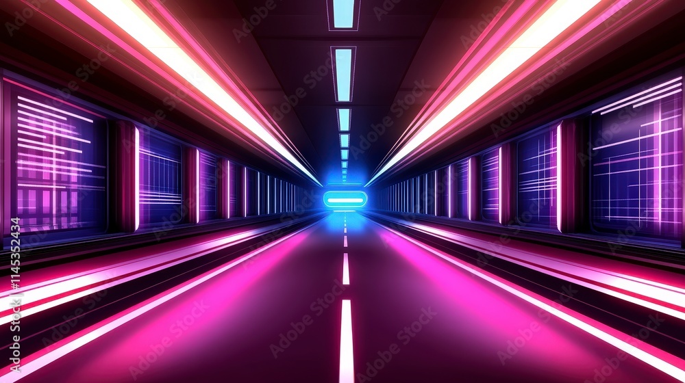 Poster a futuristic neon-lit tunnel with pink and blue hues. data streams flow through the side panels crea