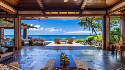 Obraz premium Luxurious Ocean View from Serene Hawaiian Villa with Tropical Decor
