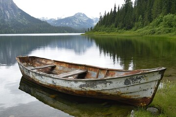 Obraz premium Old weathered rowboat rests on serene mountain lake shore