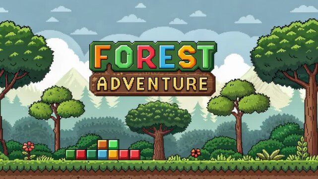 Blocky Forest Adventure A lush pixelated forest fills the background with trees and bushes rendered in simple shapes. The classic logo appears at the center constructed of colorful
