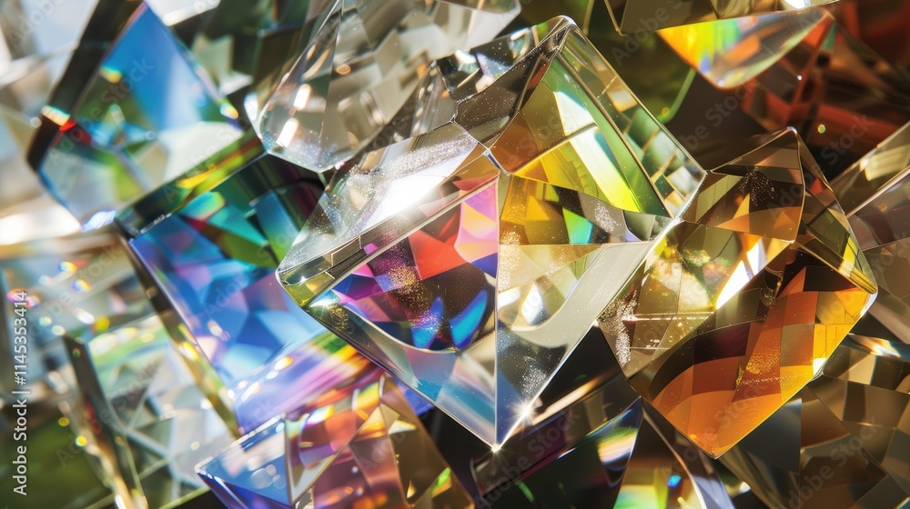 Poster crystal prisms reflecting colorful light patterns in close-up view
