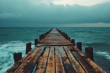 Wooden Pier Extending Into Stormy Ocean Waters