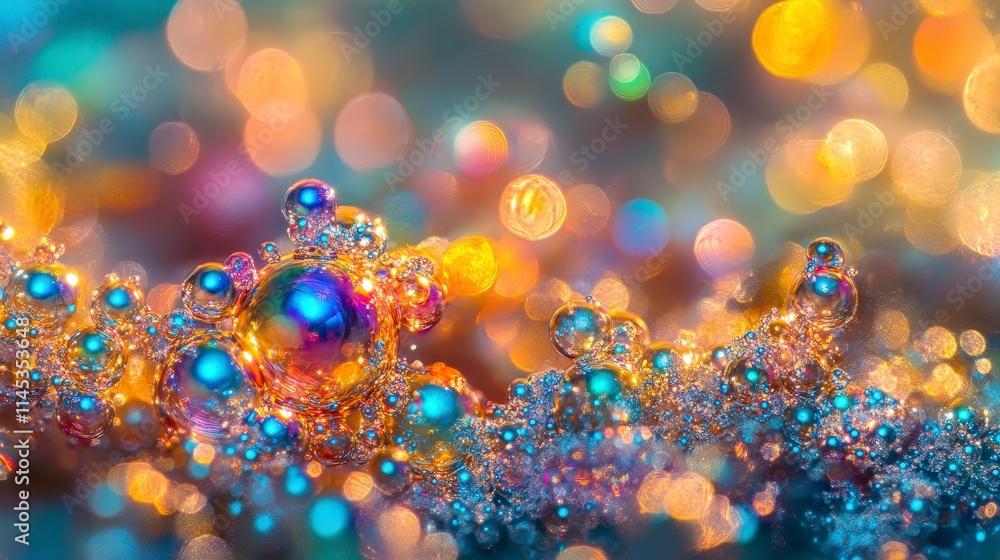 Poster a mesmerizing close-up of iridescent soap bubbles shimmering with vibrant colors against a backdrop 