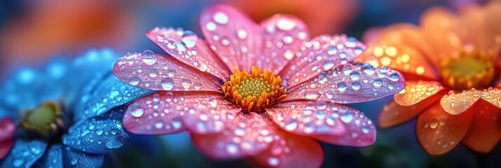 Close-up of dew-covered flowers in vibrant pink, orange, and blue hues.
