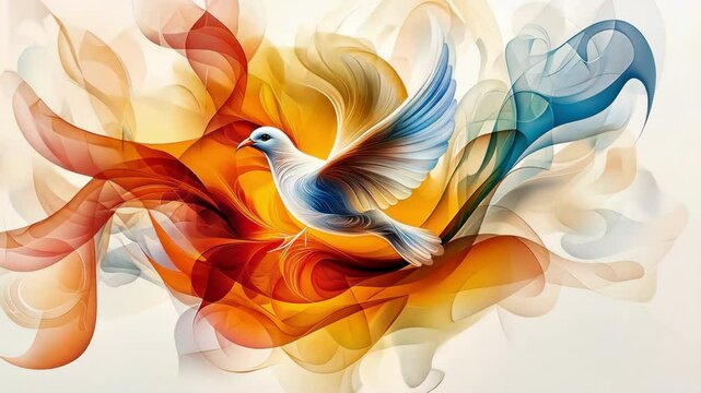 A vibrant and colorful painting depicting a dove surrounded by flowing shapes and patterns, symbolizing the presence of the Holy Spirit