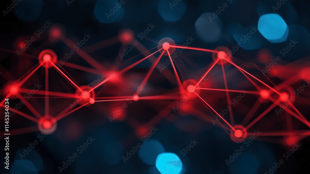 Poster abstract 3d illustration of a network with glowing red nodes and connecting lines against a dark bac