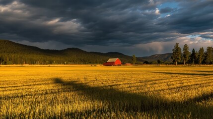 Obraz premium Serene Landscape with Red Barn Under Dramatic Cloudy Sky