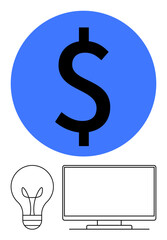 Light bulb, dollar sign in blue circle, and monitor symbolize finance, innovation, and technology. Ideal for financial planning, technological advancements, business ideas, startups economic growth