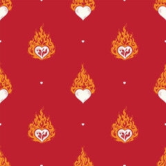 Heart on Fire Seamless Red Pattern. Burning Heart Symbol of Love for Valentine day design. Hand drawn vector illustration.	
