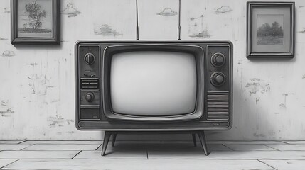 Creative vector illustration of an oldfashioned television with antennas isolated on a solid white background with the TV screen blending in completely in white
