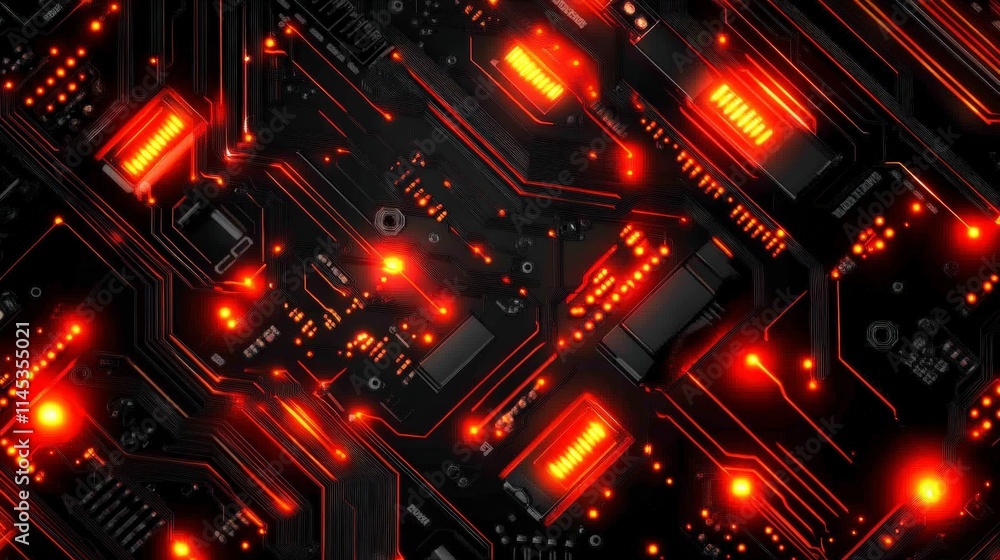 Poster a dark circuit board with glowing red lights and intricate pathways creates a technological and futu