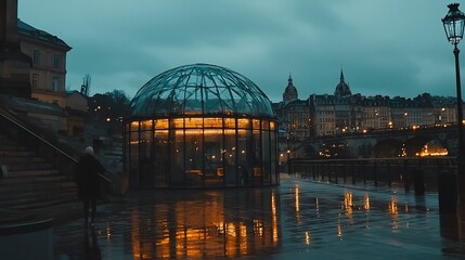 Fototapeta premium Glass dome structure at dusk near river, city lights reflecting on wet pavement.