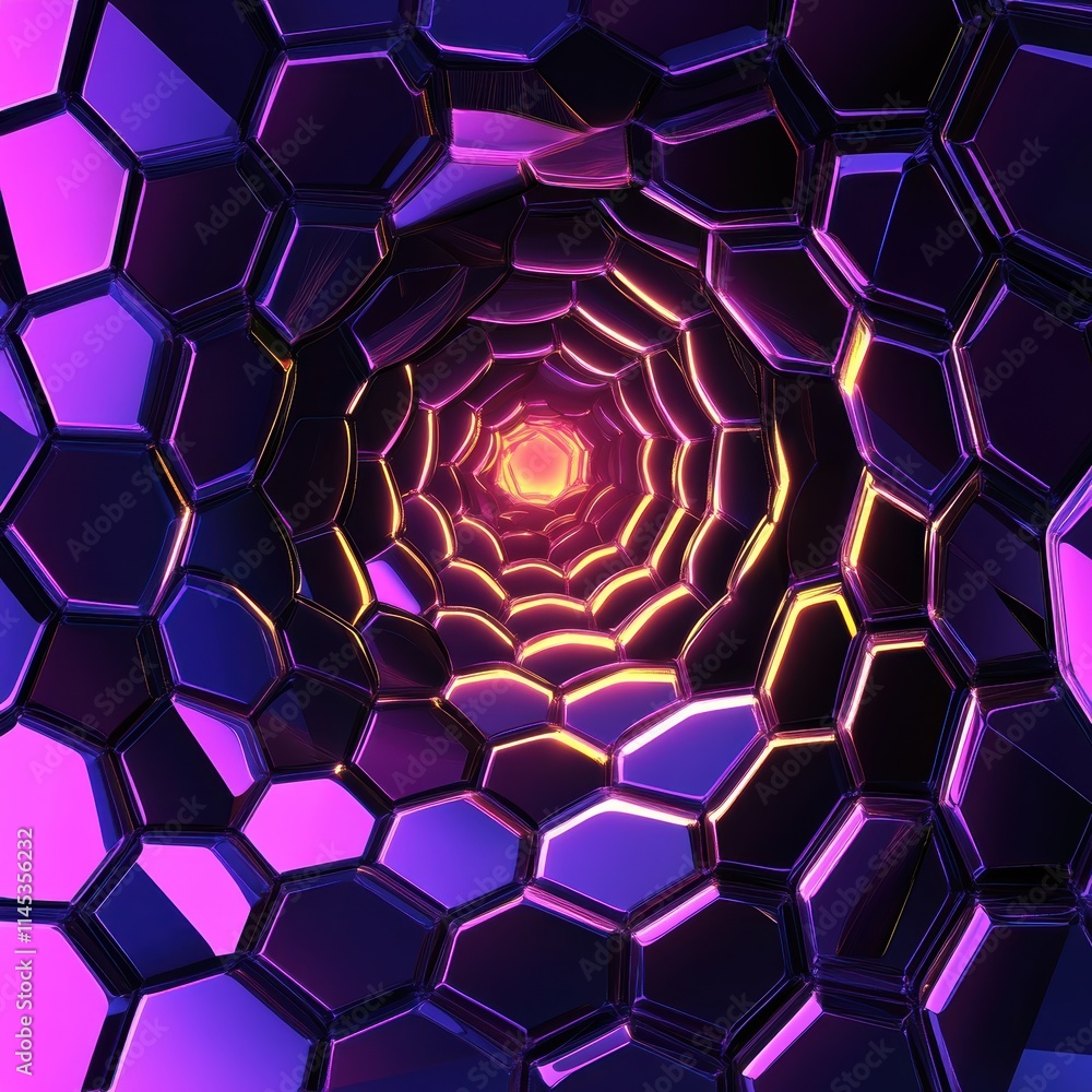 Poster abstract hexagonal tunnel design with vibrant glow effects