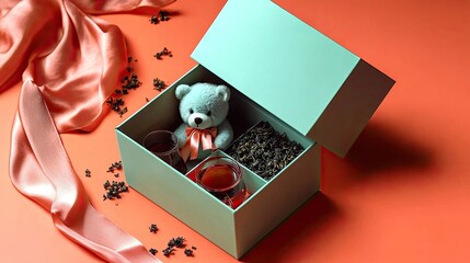 Gift Box Contains Teddy Bear Tea Cups And Tea Leaves