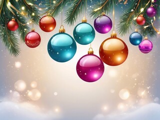 Christmas greeting holiday card template banner design with place for text. Balls on Christmas tree branch, stars, ribbons and light. Merry Christmas and Happy New Year 2025