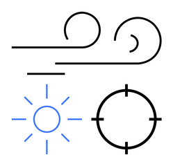 Wind swirl, sun with rays, target circle with crosshair. Ideal for weather forecasts, climate apps, navigation tools, games, presentations educational materials websites. Line metaphor