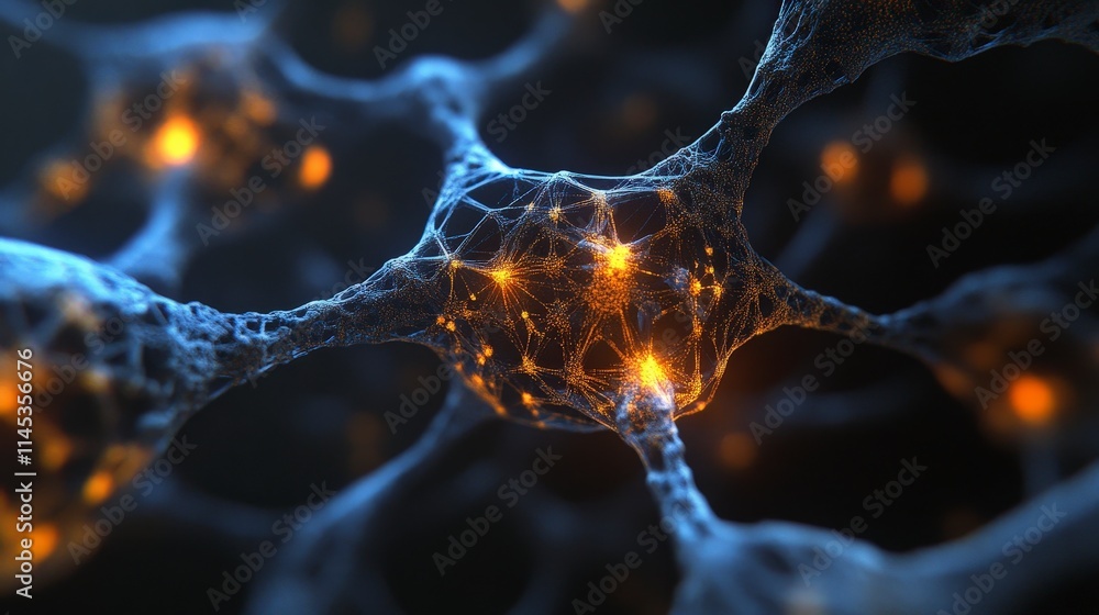 Poster microscopic view of interconnected neurons firing with vibrant electrical energy. the intricate netw