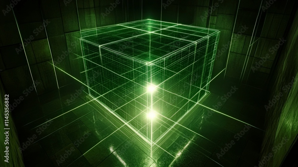 Poster a luminous green wireframe cube sits in a dark tiled room. light emanates from its base creating a m