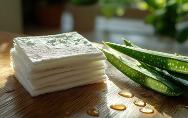 White Folded Napkins & Aloe Vera Leaves in Home Spa Scene, ic Composition for Self-Care & Wellness Products Promotion