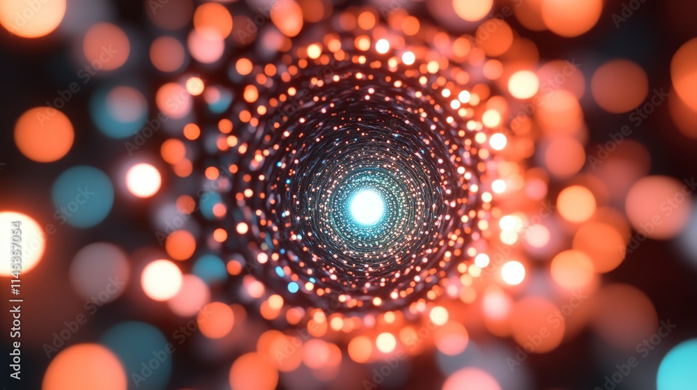 Poster a blurred image of a tunnel of swirling lights in orange and teal hues converging on a bright center