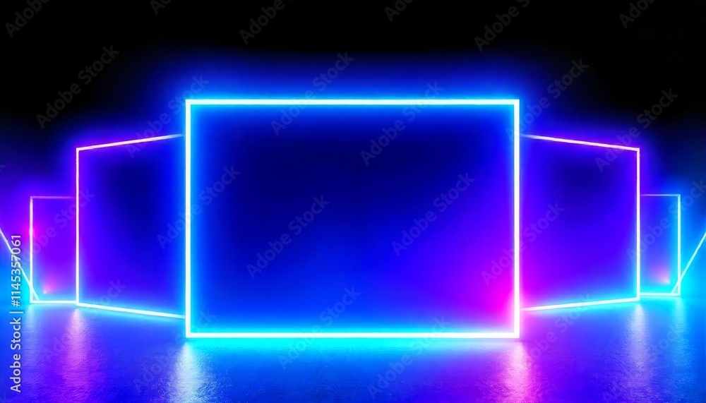 Poster neon light square frames create a futuristic empty space