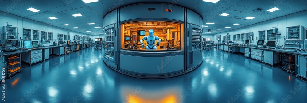 Poster futuristic laboratory with a robot at the control center.